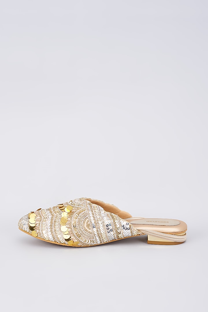 Tan Silk & Rexine Zardosi Embellished Juttis by Foot Fuel at Pernia's Pop Up Shop