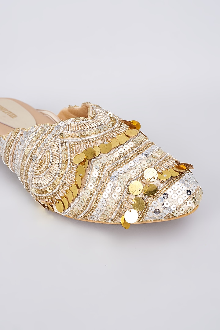 Tan Silk & Rexine Zardosi Embellished Juttis by Foot Fuel at Pernia's Pop Up Shop