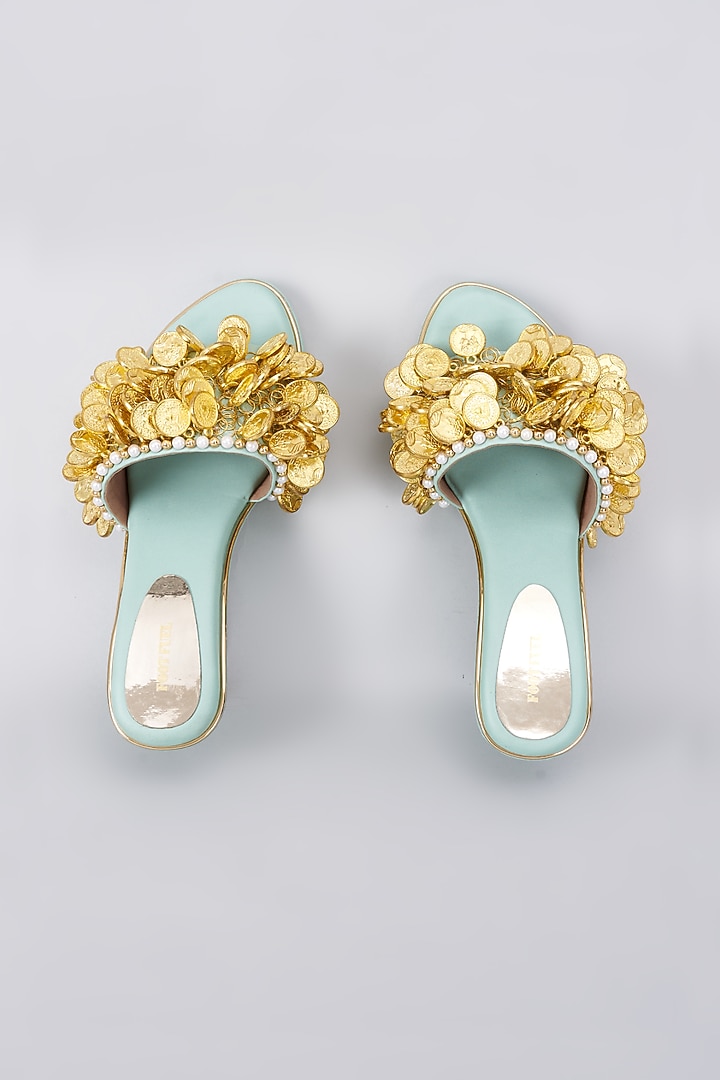 Light Green Rexine Coin Embellished Wedges by Foot Fuel at Pernia's Pop Up Shop
