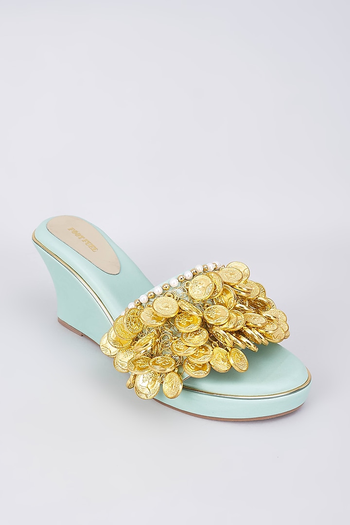Light Green Rexine Coin Embellished Wedges by Foot Fuel at Pernia's Pop Up Shop