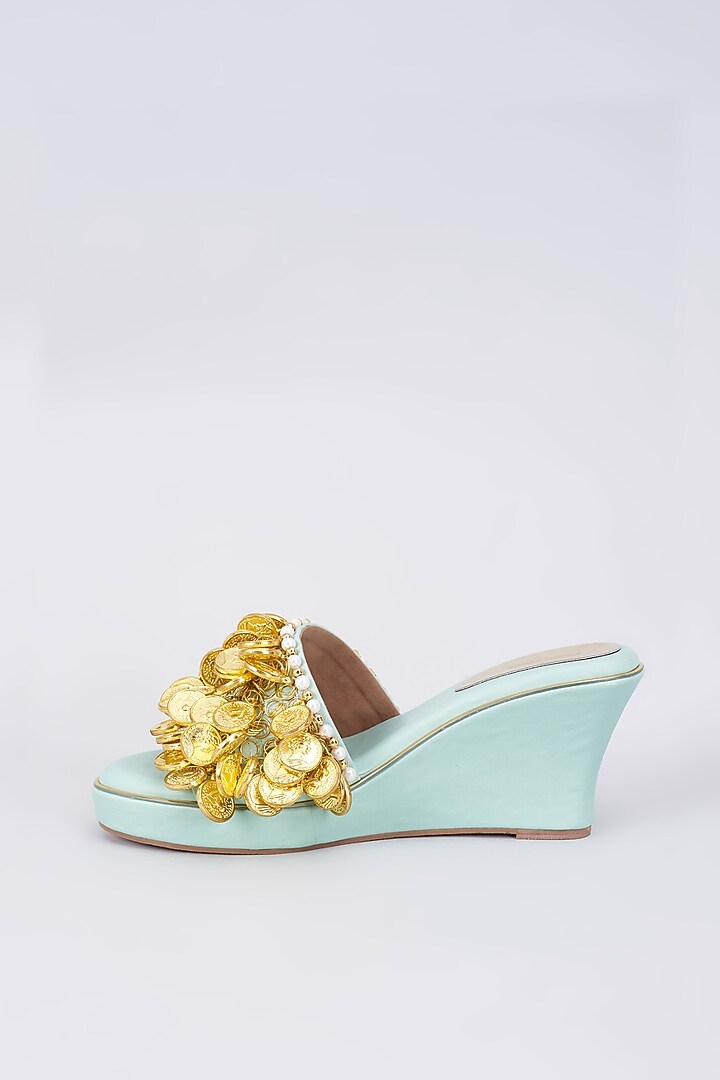 Light Green Rexine Coin Embellished Wedges by Foot Fuel at Pernia's Pop Up Shop
