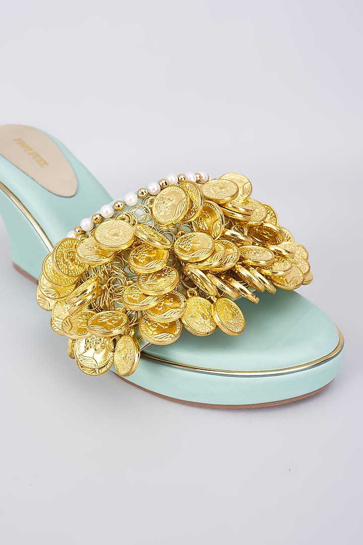 Light Green Rexine Coin Embellished Wedges by Foot Fuel at Pernia's Pop Up Shop