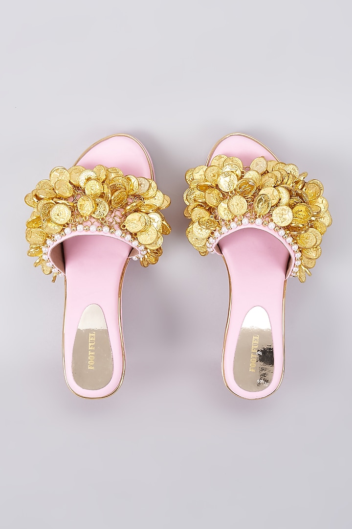 Light Pink Rexine Coin Embellished Wedges by Foot Fuel at Pernia's Pop Up Shop