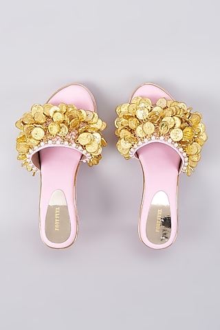 Light Pink Rexine Coin Embellished Wedges by Foot Fuel