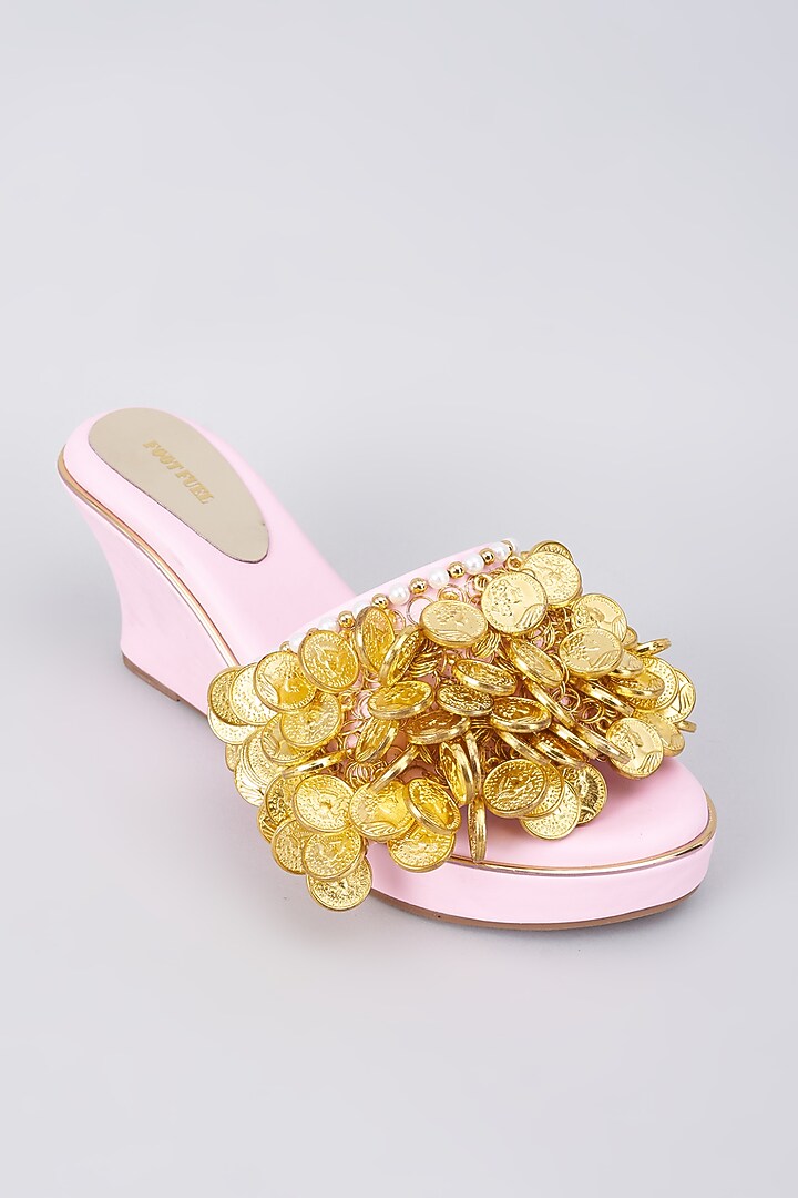 Light Pink Rexine Coin Embellished Wedges by Foot Fuel at Pernia's Pop Up Shop