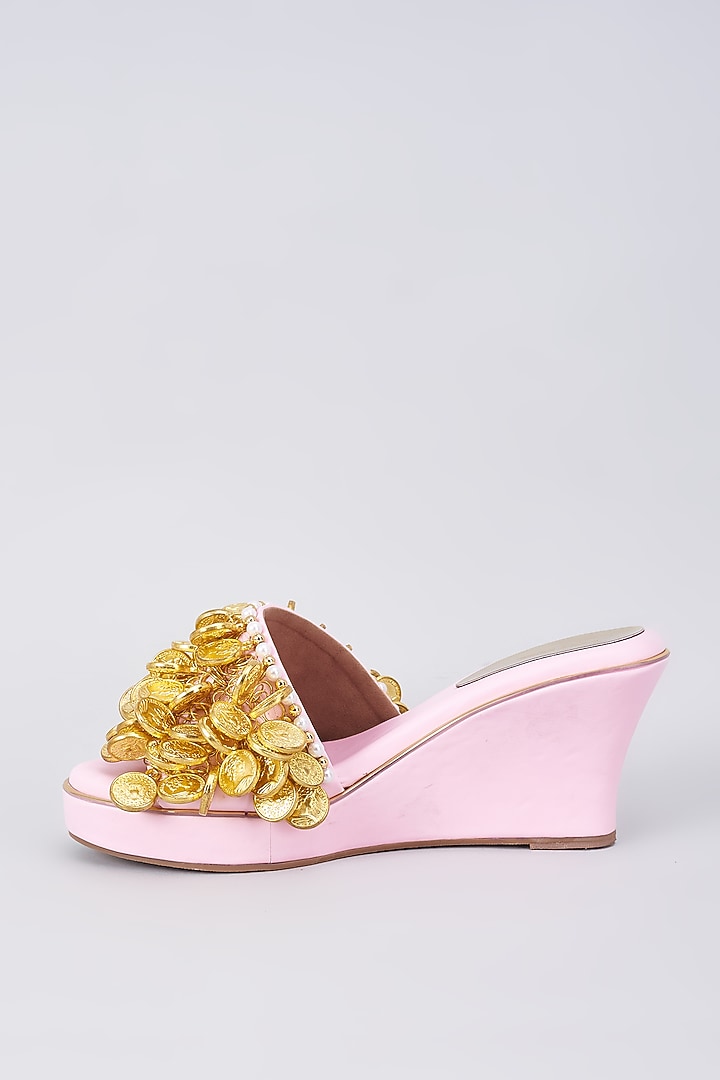 Light Pink Rexine Coin Embellished Wedges by Foot Fuel at Pernia's Pop Up Shop