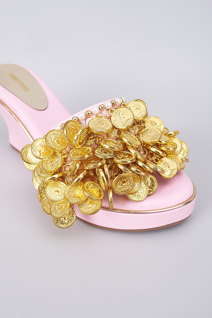 Light Pink Rexine Coin Embellished Wedges by Foot Fuel at Pernia's Pop Up Shop