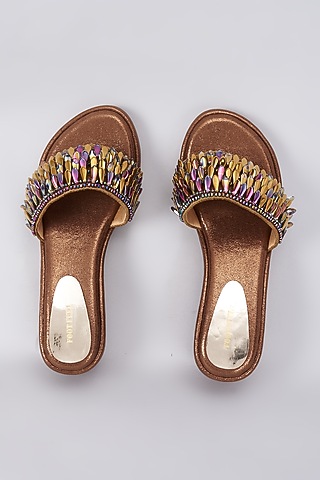 Brown Rexine Crystal Embellished Wedges by Foot Fuel