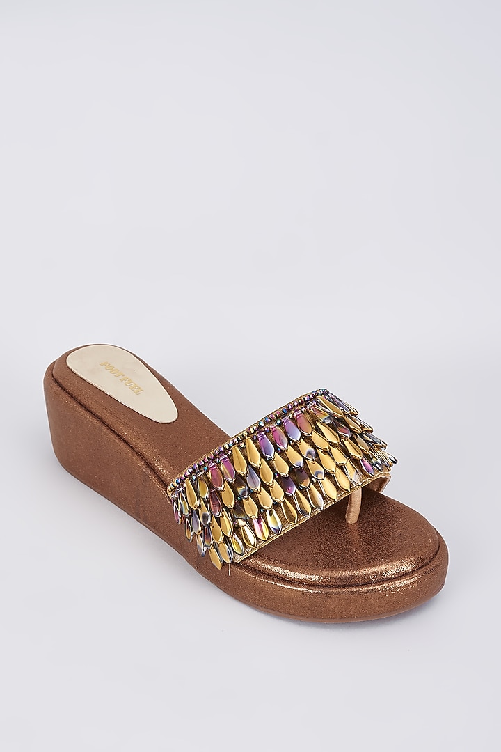 Brown Rexine Crystal Embellished Wedges by Foot Fuel at Pernia's Pop Up Shop