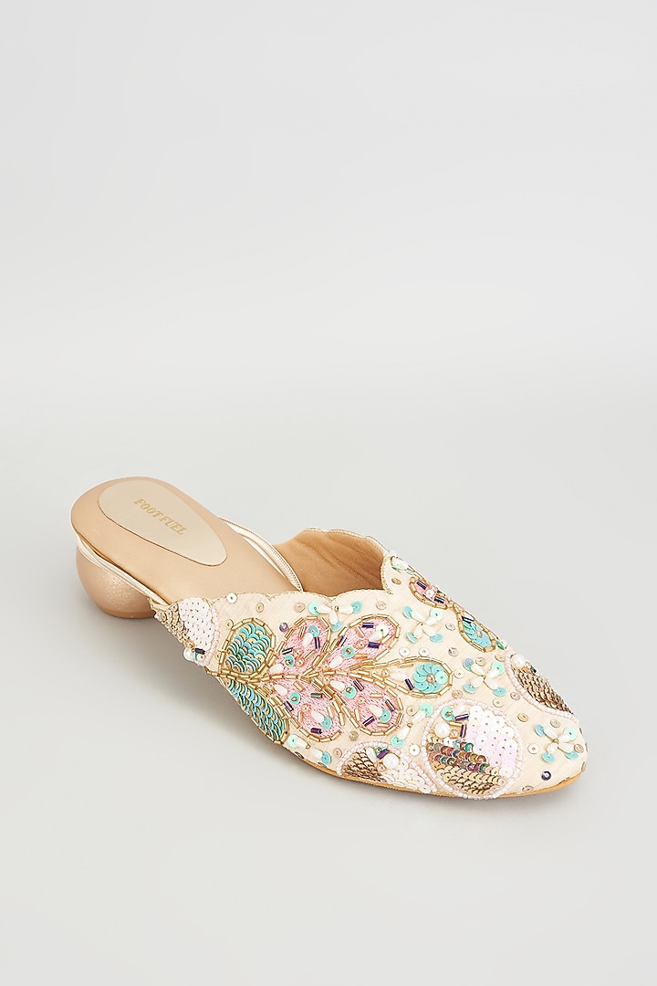 Golden Rexine Embroidered Juttis by Foot Fuel at Pernia's Pop Up Shop