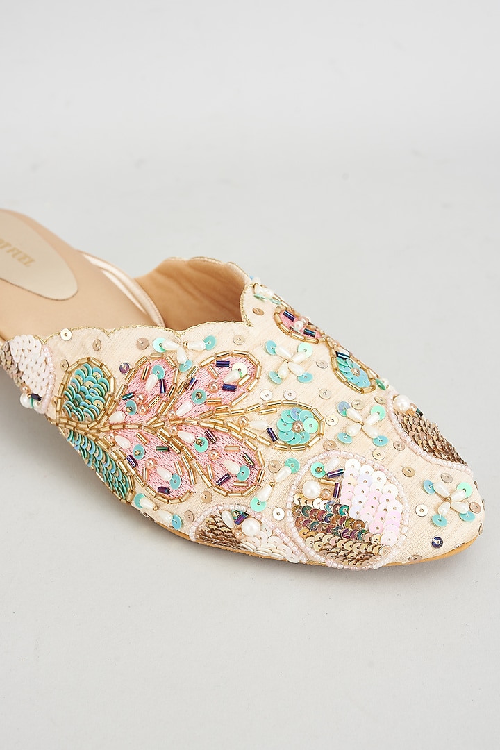 Golden Rexine Embroidered Juttis by Foot Fuel at Pernia's Pop Up Shop
