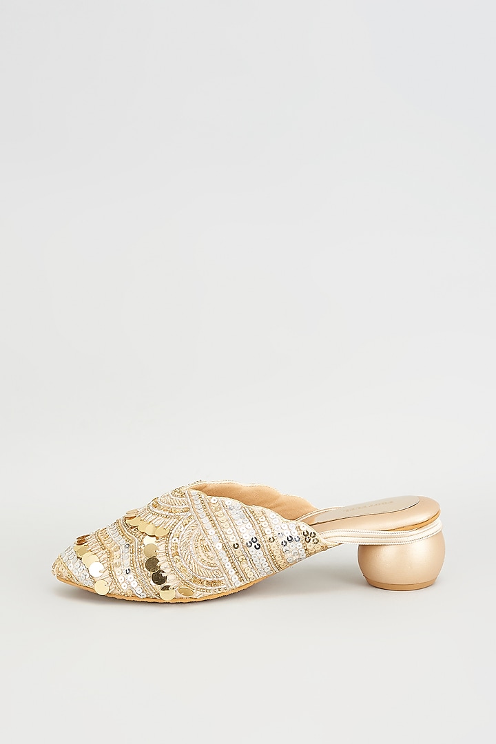 Golden Rexine Embroidered Juttis by Foot Fuel at Pernia's Pop Up Shop