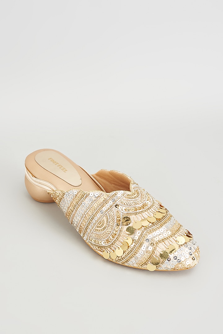 Golden Rexine Embroidered Juttis by Foot Fuel at Pernia's Pop Up Shop