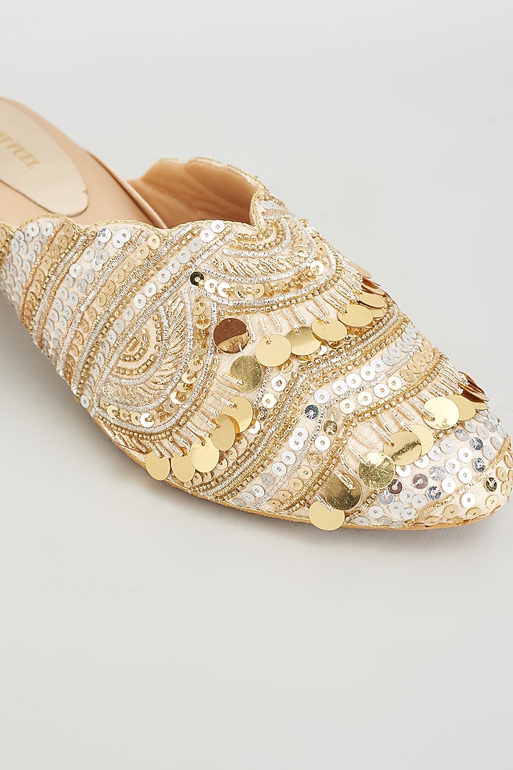 Golden Rexine Embroidered Juttis by Foot Fuel at Pernia's Pop Up Shop
