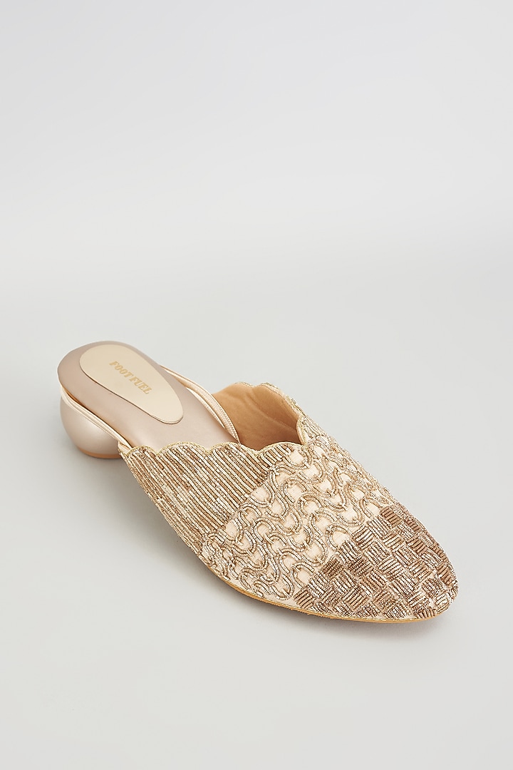 Golden Rexine Embroidered Juttis by Foot Fuel at Pernia's Pop Up Shop