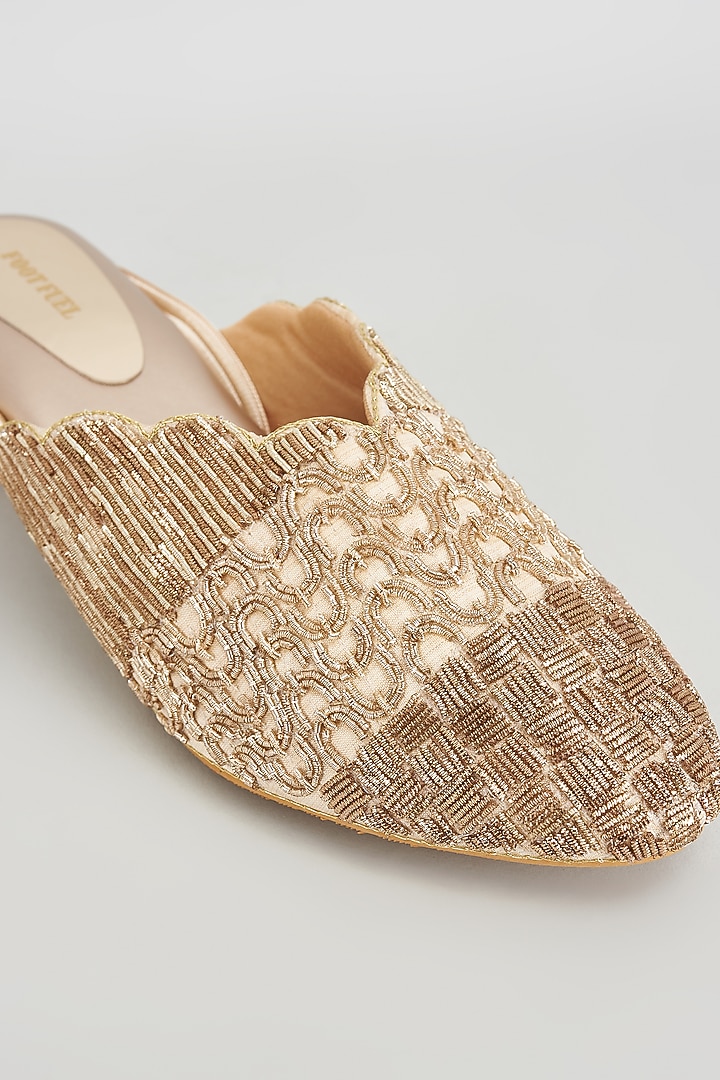 Golden Rexine Embroidered Juttis by Foot Fuel at Pernia's Pop Up Shop