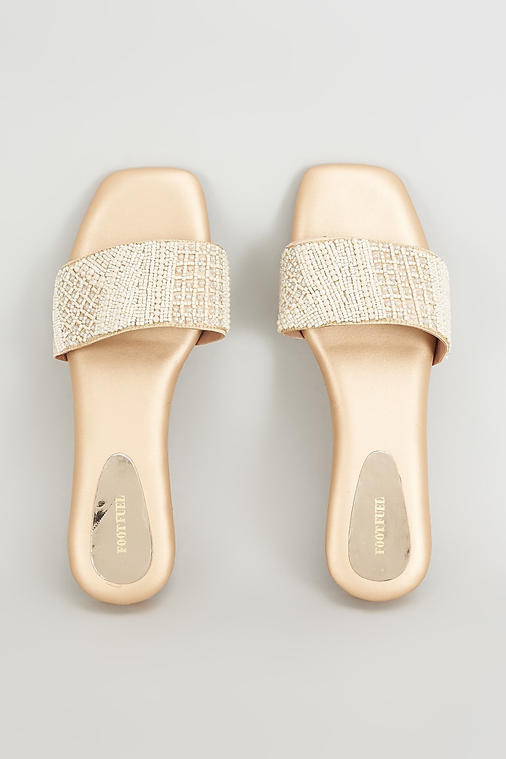 Gold Rexine Pearl Embroidered Flats by Foot Fuel