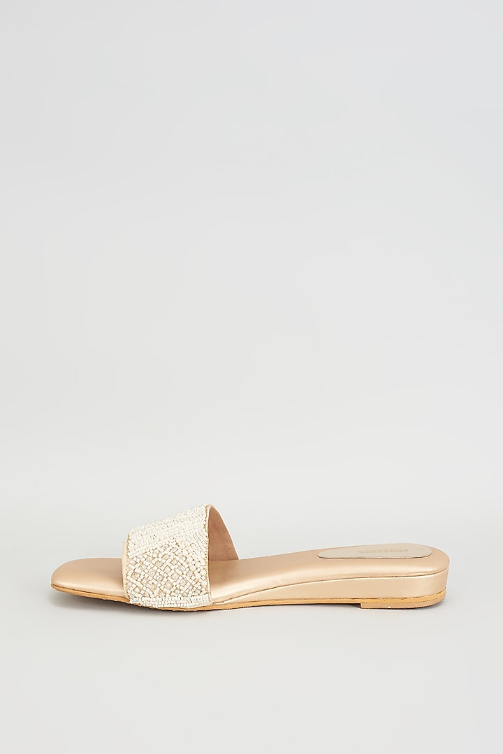Gold Rexine Pearl Embroidered Flats by Foot Fuel at Pernia's Pop Up Shop