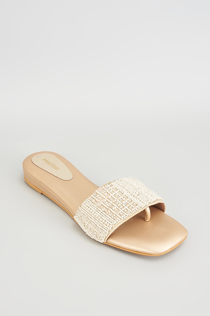 Gold Rexine Pearl Embroidered Flats by Foot Fuel at Pernia's Pop Up Shop