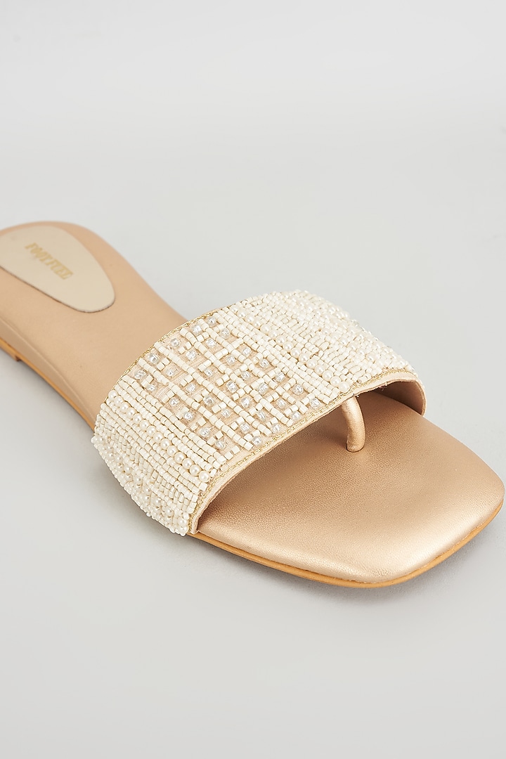 Gold Rexine Pearl Embroidered Flats by Foot Fuel at Pernia's Pop Up Shop