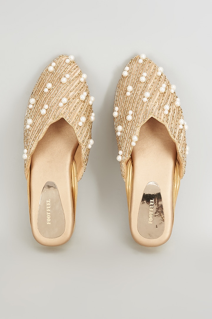 Gold Rexine Embroidered Juttis by Foot Fuel at Pernia's Pop Up Shop