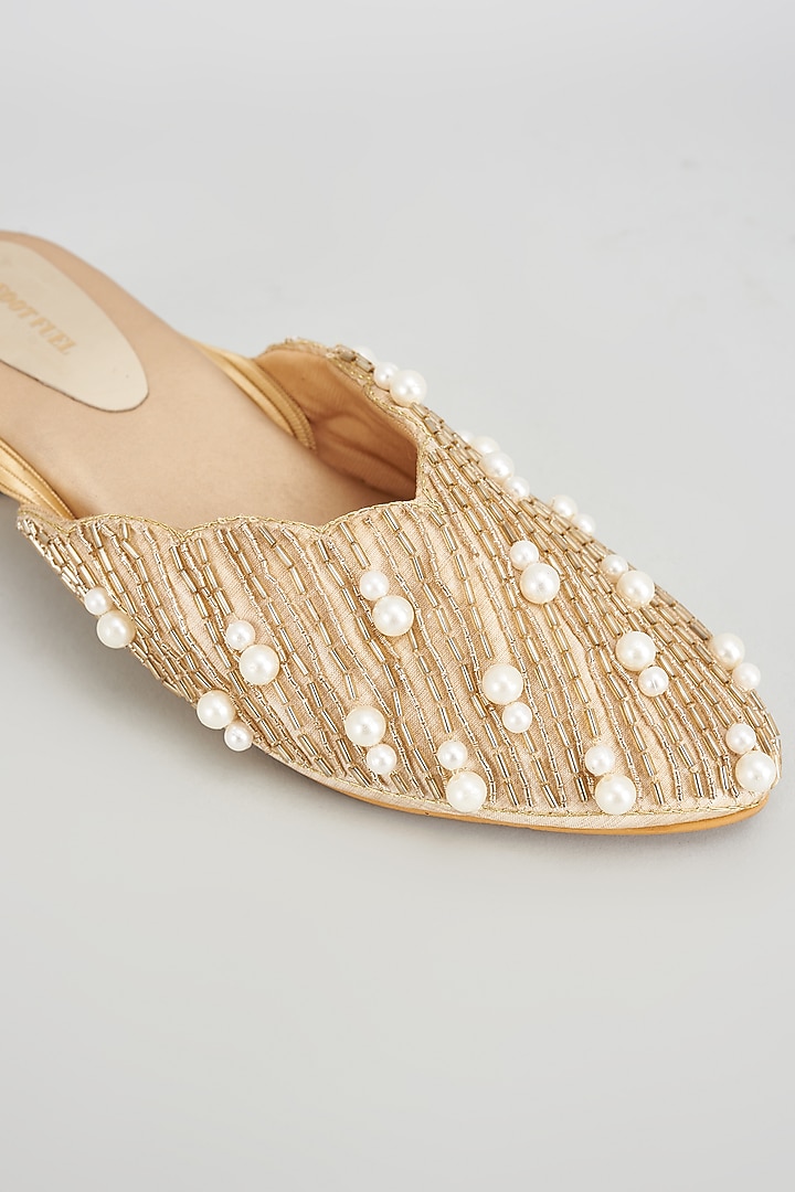 Gold Rexine Embroidered Juttis by Foot Fuel at Pernia's Pop Up Shop