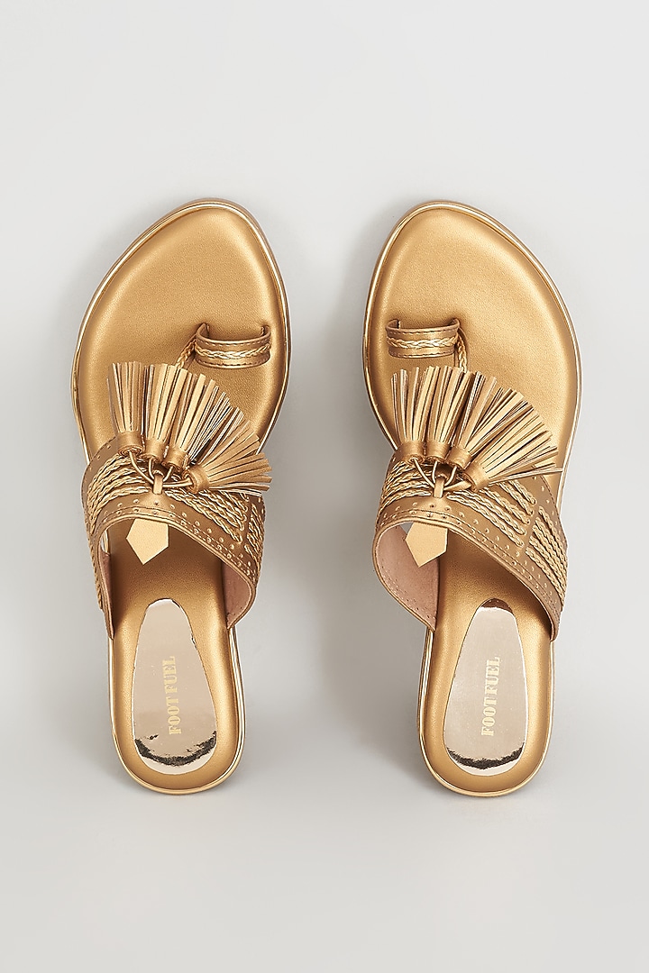Gold Rexine Embroidered Kolhapuri Wedges by Foot Fuel at Pernia's Pop Up Shop