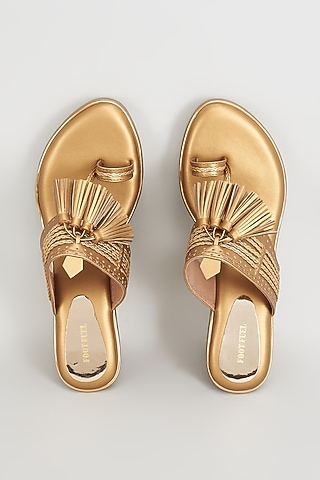 Gold Rexine Embroidered Kolhapuri Wedges by Foot Fuel