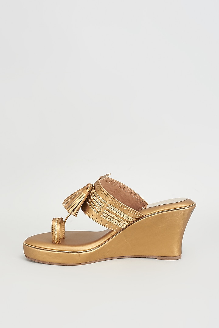 Gold Rexine Embroidered Kolhapuri Wedges by Foot Fuel at Pernia's Pop Up Shop