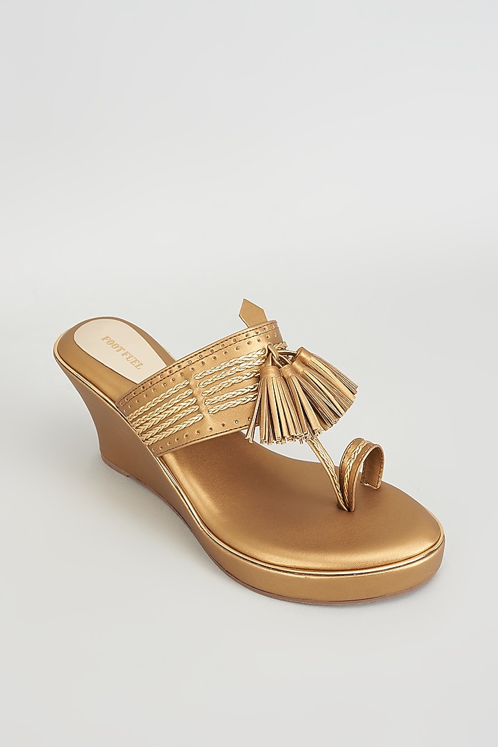 Gold Rexine Embroidered Kolhapuri Wedges by Foot Fuel at Pernia's Pop Up Shop