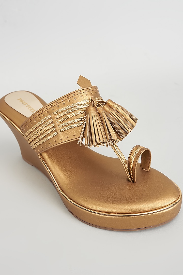 Gold Rexine Embroidered Kolhapuri Wedges by Foot Fuel at Pernia's Pop Up Shop