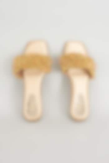 Gold Rexine Pearl Embroidered Wedges by Foot Fuel at Pernia's Pop Up Shop
