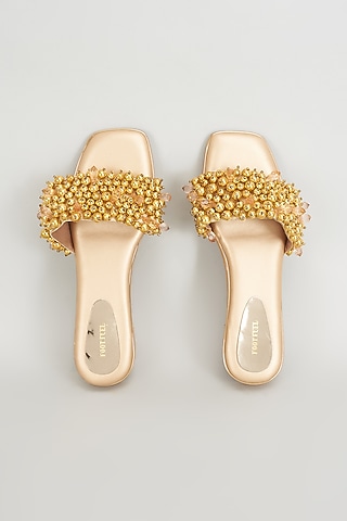 Gold Rexine Pearl Embroidered Wedges by Foot Fuel