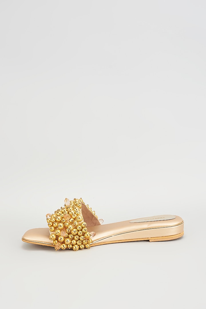 Gold Rexine Pearl Embroidered Wedges by Foot Fuel at Pernia's Pop Up Shop