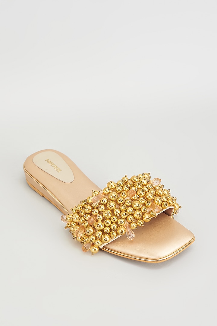 Gold Rexine Pearl Embroidered Wedges by Foot Fuel at Pernia's Pop Up Shop