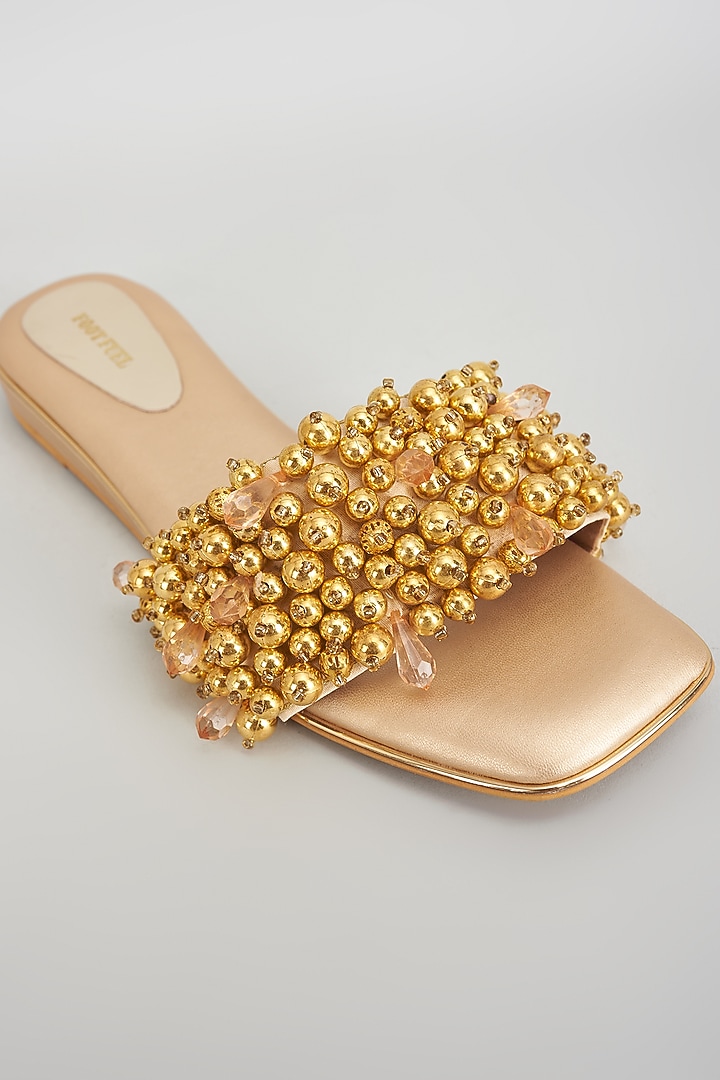 Gold Rexine Pearl Embroidered Wedges by Foot Fuel at Pernia's Pop Up Shop