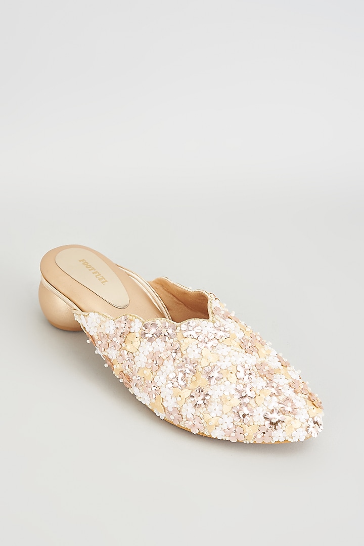 Gold Rexine Embroidered Juttis by Foot Fuel at Pernia's Pop Up Shop