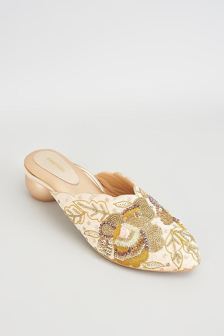 Gold Rexine Embroidered Juttis by Foot Fuel at Pernia's Pop Up Shop