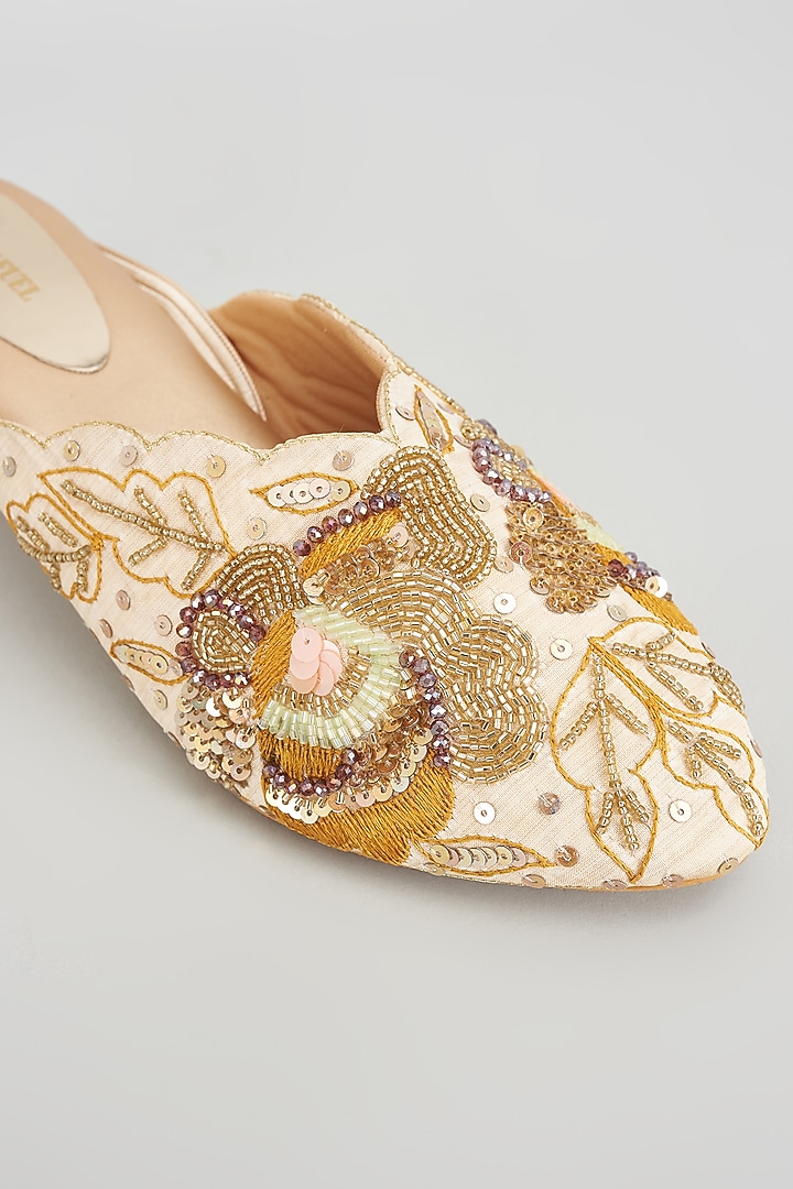 Gold Rexine Embroidered Juttis by Foot Fuel at Pernia's Pop Up Shop
