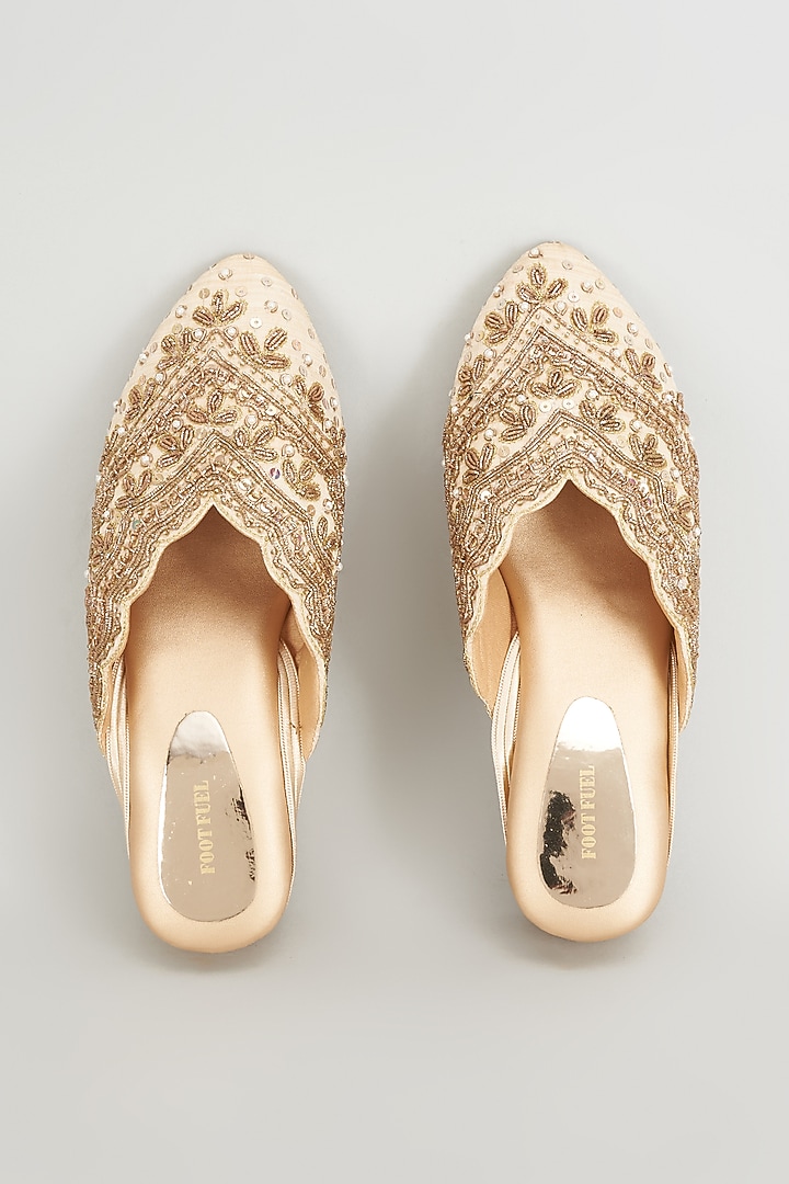 Gold Rexine Embroidered Juttis by Foot Fuel at Pernia's Pop Up Shop
