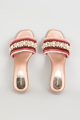 Gold Rexine Pearl Embroidered Heels by Foot Fuel
