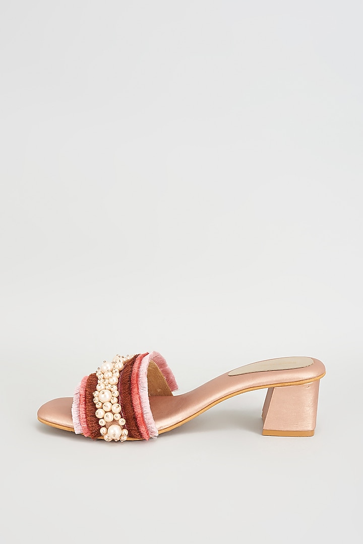 Gold Rexine Pearl Embroidered Heels by Foot Fuel at Pernia's Pop Up Shop