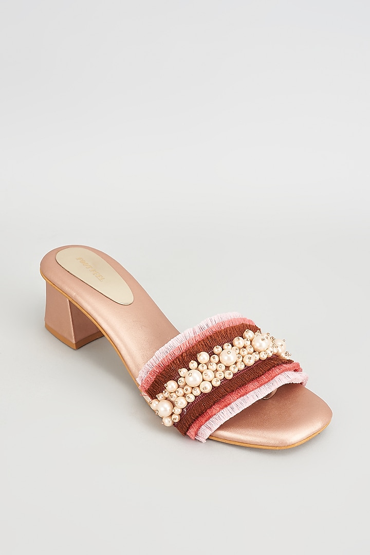 Gold Rexine Pearl Embroidered Heels by Foot Fuel at Pernia's Pop Up Shop