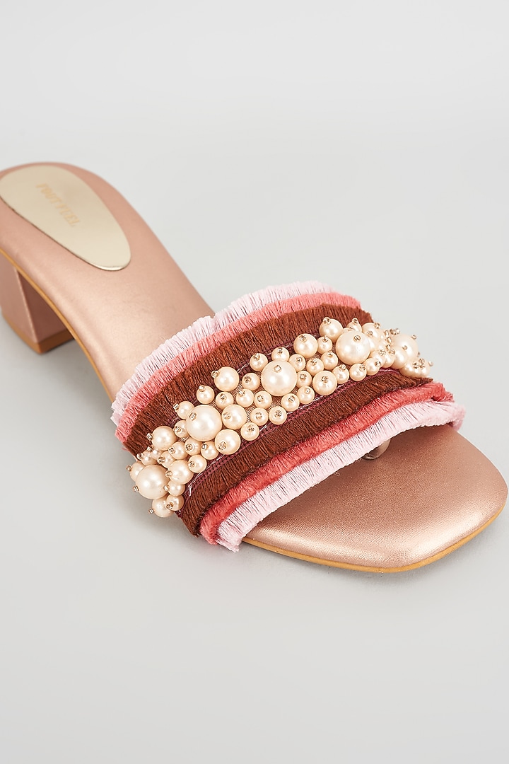 Gold Rexine Pearl Embroidered Heels by Foot Fuel at Pernia's Pop Up Shop