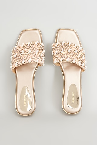 Gold Rexine Pearl Embroidered Heels by Foot Fuel