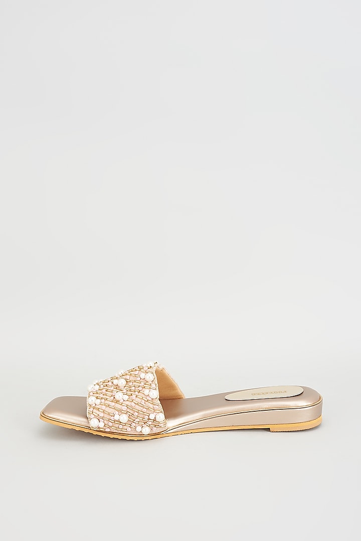 Gold Rexine Pearl Embroidered Heels by Foot Fuel at Pernia's Pop Up Shop
