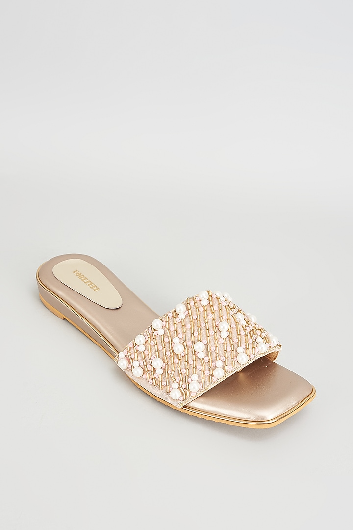 Gold Rexine Pearl Embroidered Heels by Foot Fuel at Pernia's Pop Up Shop