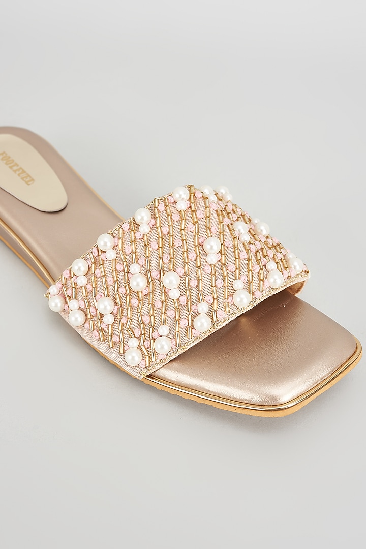 Gold Rexine Pearl Embroidered Heels by Foot Fuel at Pernia's Pop Up Shop