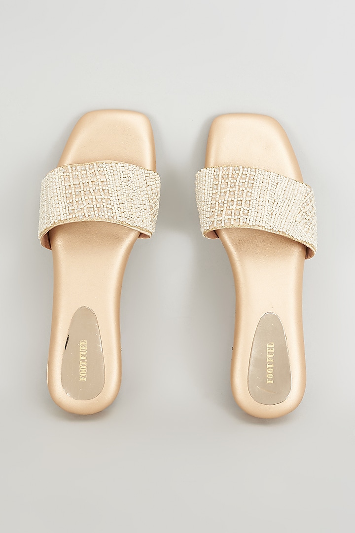 Gold Rexine Pearl Embroidered Flats by Foot Fuel