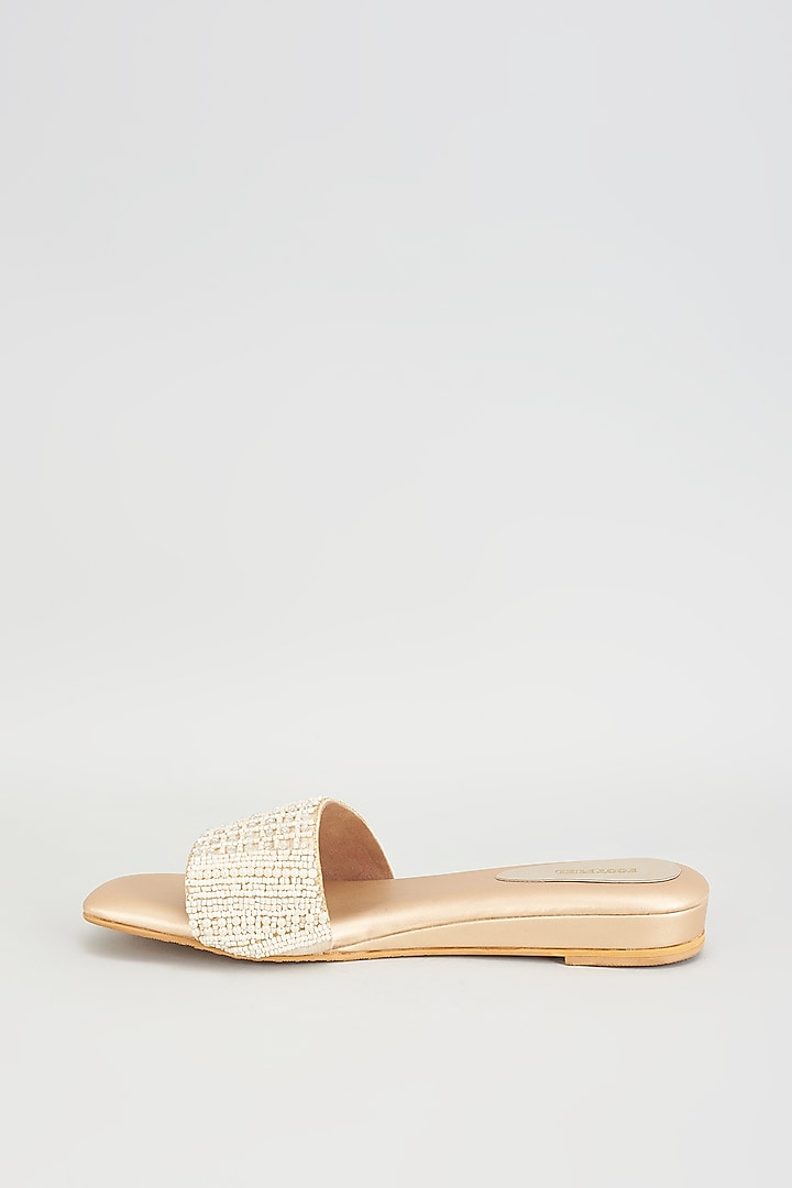 Gold Rexine Pearl Embroidered Flats by Foot Fuel at Pernia's Pop Up Shop
